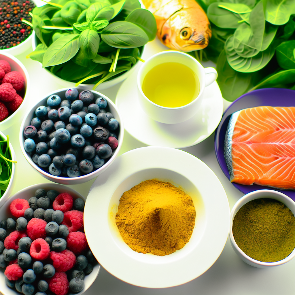 Anti-inflammatory foods arrangement including berries, green tea, turmeric, fatty fish, and leafy greens