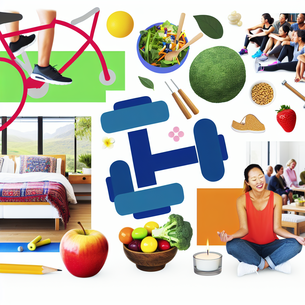 Healthy longevity lifestyle showing exercise, healthy eating, sleep, stress management, and social connections