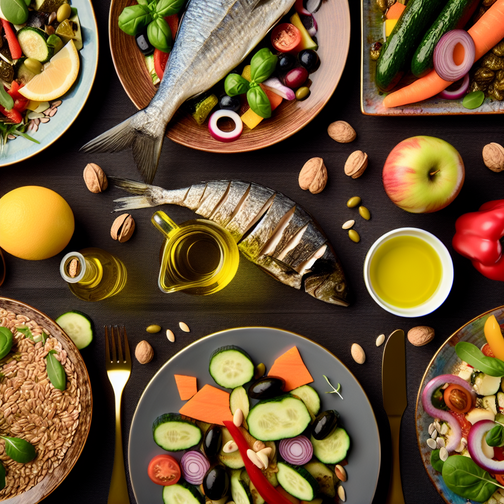 Mediterranean diet meal spread with fish, vegetables, olive oil, whole grains, fruits, and nuts