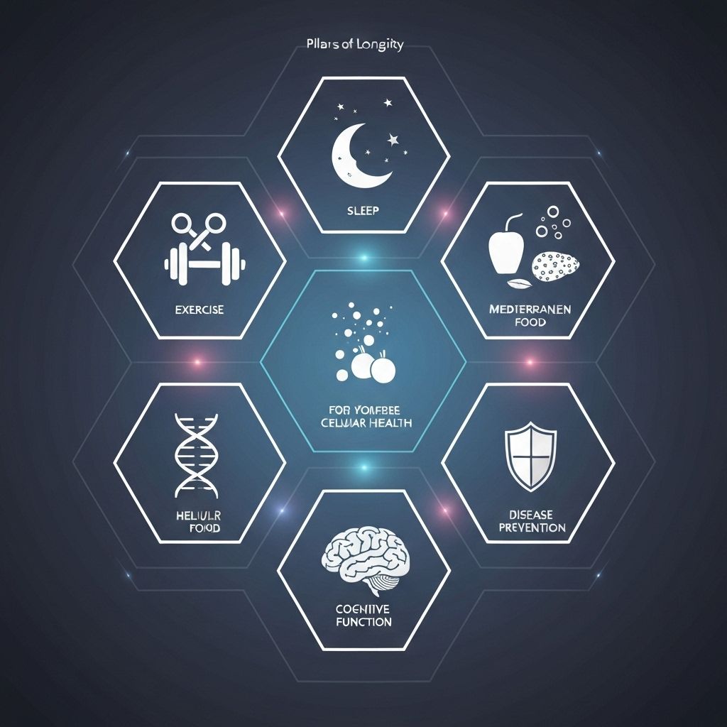 Six pillars of longevity: exercise, sleep, nutrition, cellular health, cognitive function, and disease prevention illustrated in modern infographic style
