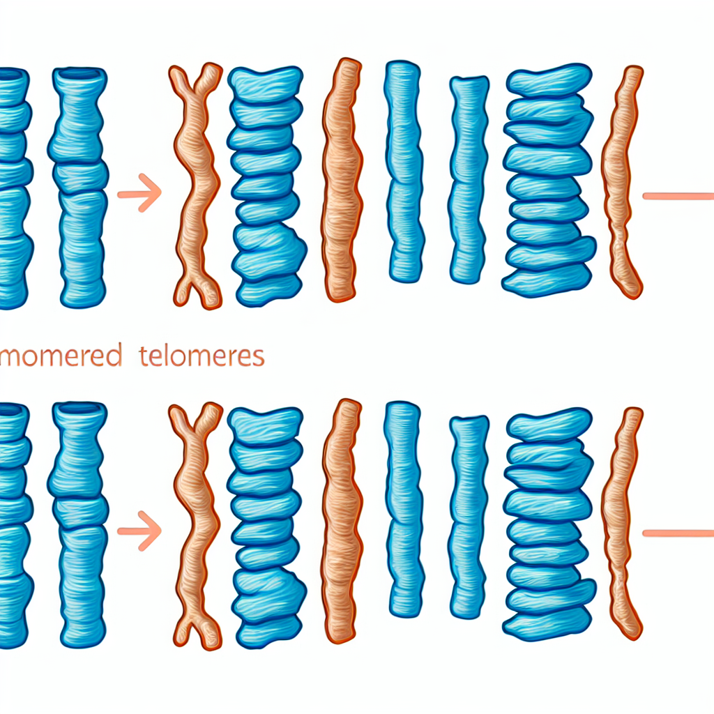 Healthy long telomeres vs shortened aging telomeres on chromosomes illustration