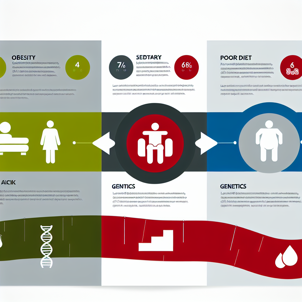 Infographic showing type 2 diabetes risk factors including obesity, sedentary lifestyle, poor diet, family history, and age