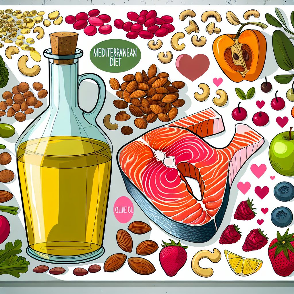 Infographic showing heart-healthy foods including vegetables, fish, olive oil, nuts, and whole grains for cardiovascular disease prevention