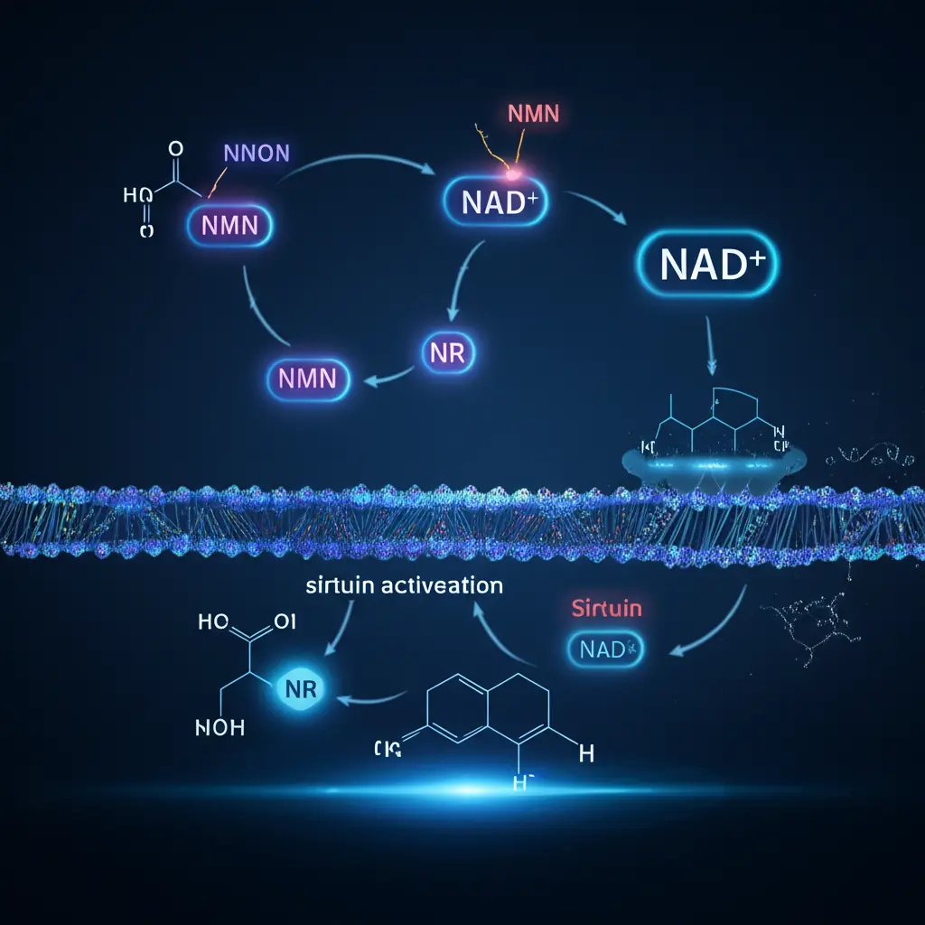 NAD+ biosynthesis pathway showing how NMN, NR, and direct NAD+ supplementation work